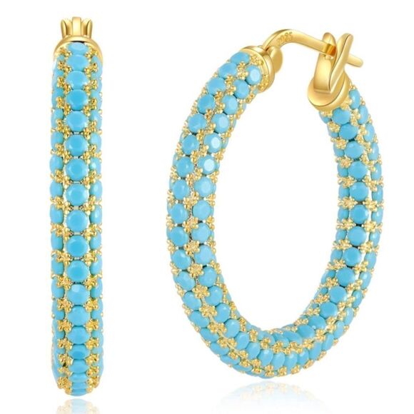 14K Yellow Gold Sterling Silver with Turquoise Blue Cubic Zirconia Hoop Earrings - Picture 1 of 6